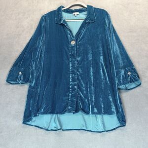 Habitat Clothes to Live In Size XL Teal Velvet Blouse 3/4 Sleeve Collared Shirt